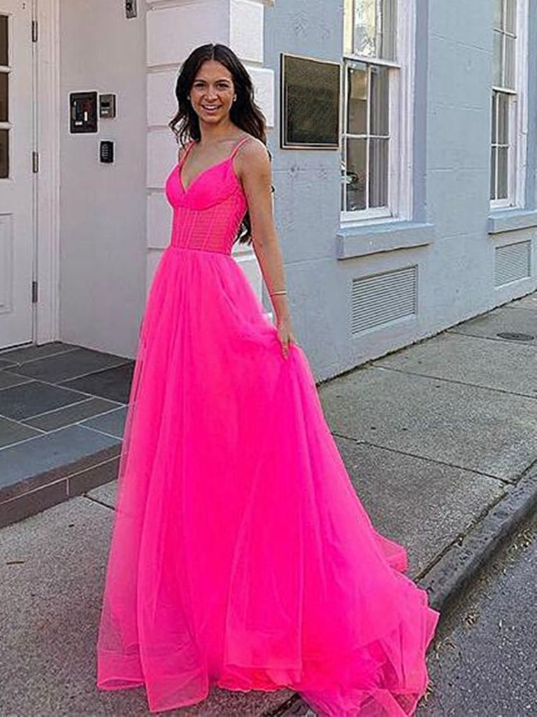 Hot Pink V Neck Prom Dress Hot Pink Tulle A-line V-neck Pleat