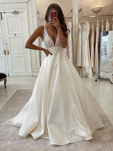 A Line V Neck Ivory Lace Wedding Dresses, Ivory Lace Bridal Formal Dresses