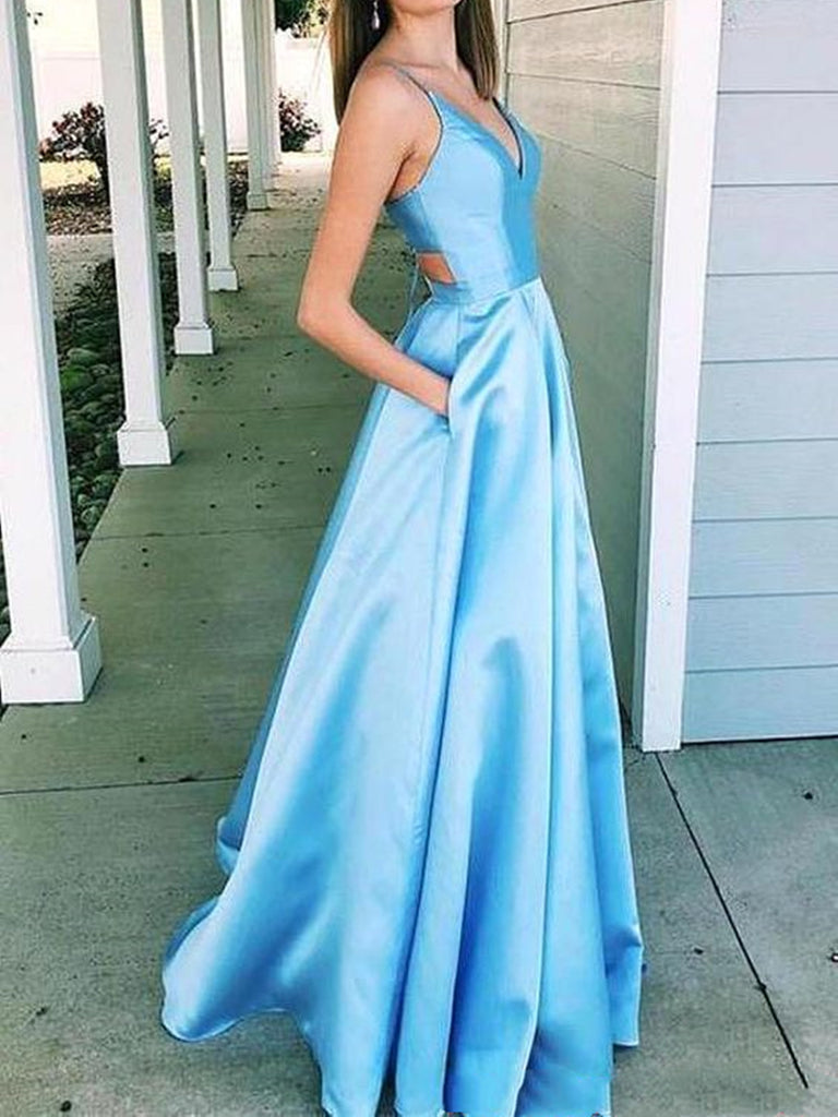 A Line V Neck Light Blue Cut Out Prom Dresses with Pockets, Light Blue jbydress A Line V Neck Light Blue Cut Out Prom Dresses with Pockets, Light Blue jbydress