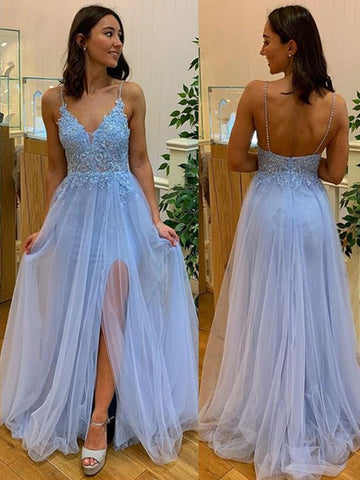 A Line V Neck Light Blue Chiffon Prom Dresses, Simple Style Sky
