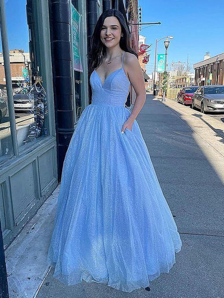 A Line V Neck Light Blue Prom Dresses, V Neck Light Blue Formal Graduation Dresses
