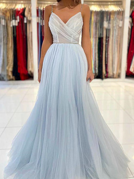 A Line V Neck Light Blue Tulle Long Prom Dresses, Blue Tulle Long Formal Graduation Dresses