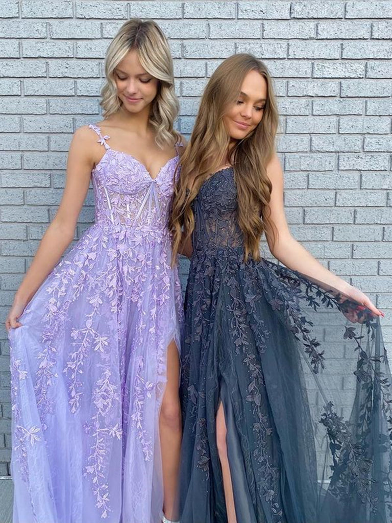 V Neck Lilac Navy Blue Lace Prom Dresses, Purple Lace Formal Graduatio –  jbydress