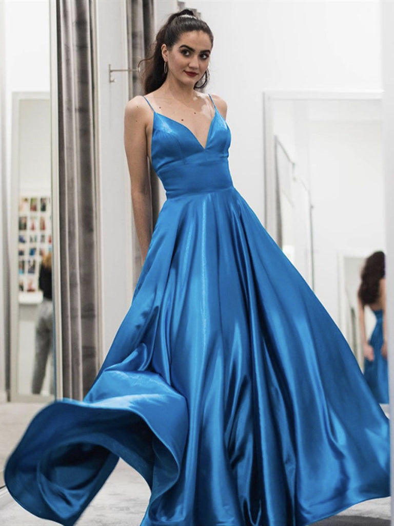 A Line V Neck Long Blue Prom Dresses, Blue V Neck Long Formal Evening