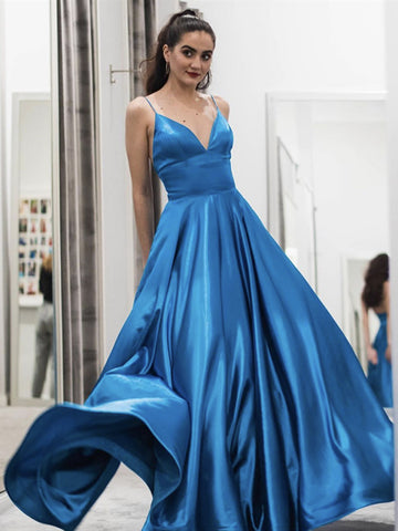 A Line V Neck Long Blue Prom Dresses, Blue V Neck Long Formal Evening Dresses