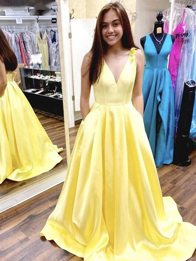 A Line V Neck Long Yellow Prom Dress with Flower Straps, V Neck Yellow Formal Evening Dresses