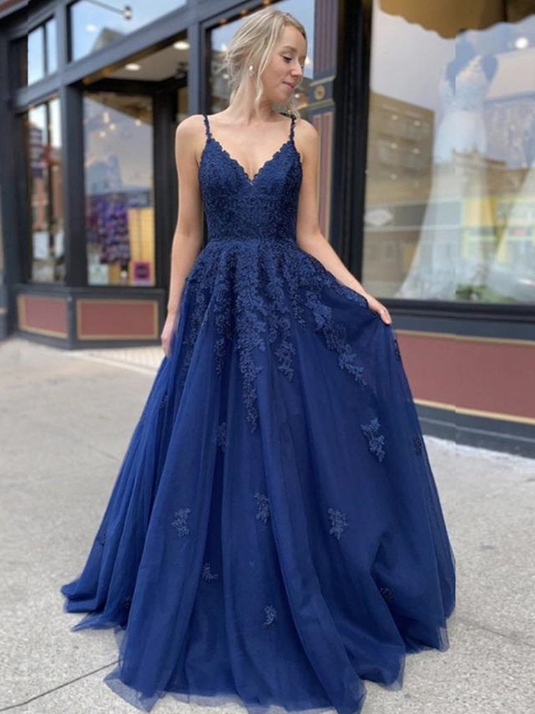 A Line V Neck Navy Blue Lace Prom Dresses, Backless Navy Blue Lace For jbydress A Line V Neck Navy Blue Lace Prom Dresses, Backless Navy Blue Lace For jbydress