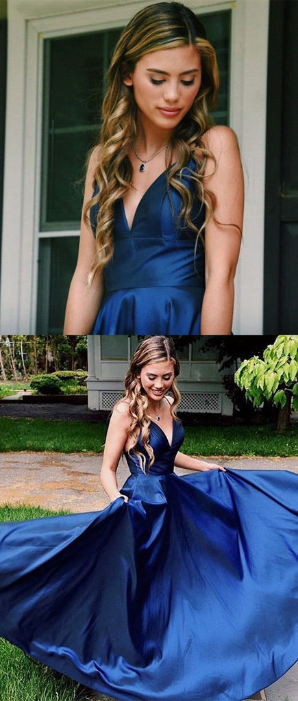 A Line V Neck Navy Blue Long Satin Prom Dresses, Navy Blue Long Formal jbydress A Line V Neck Navy Blue Long Satin Prom Dresses, Navy Blue Long Formal jbydress