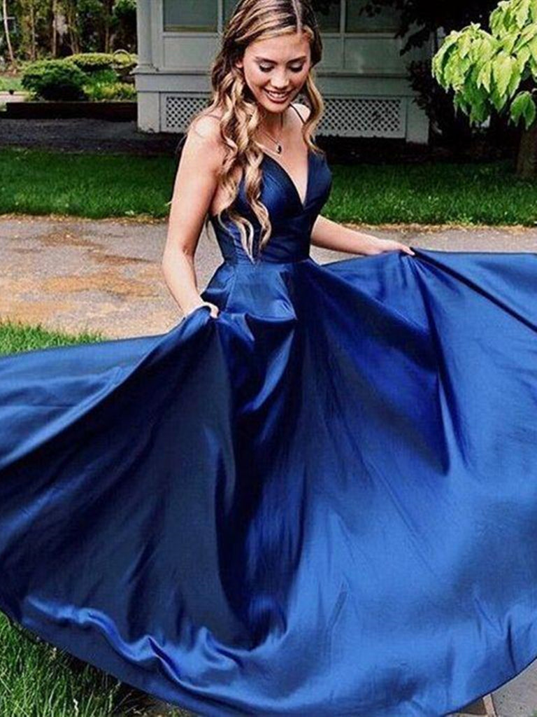 A Line V Neck Navy Blue Long Satin Prom Dresses, Navy Blue Long