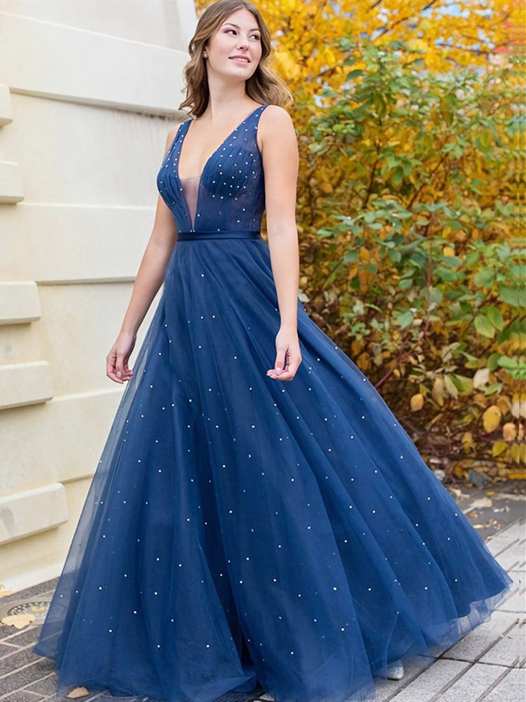 A Line V Neck Navy Blue Tulle Prom Dresses, V Neck Dark Blue Tulle Lon jbydress A Line V Neck Navy Blue Tulle Prom Dresses, V Neck Dark Blue Tulle Lon jbydress