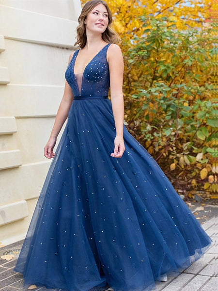 A Line V Neck Navy Blue Tulle Prom Dresses, V Neck Dark Blue Tulle Long Formal Evening Dresses