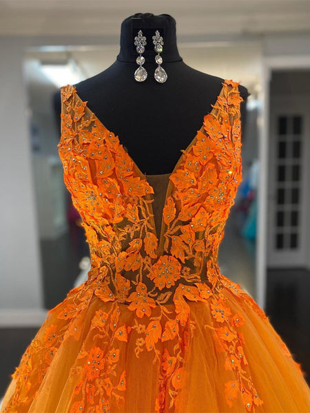 A Line V Neck Orange Lace Long Prom Dresses, V Neck Orange Lace Formal Evening Dresses