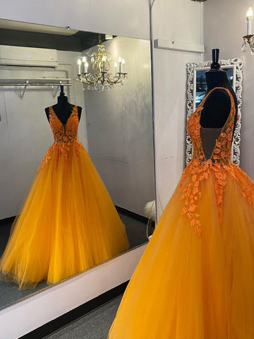 A Line V Neck Orange Lace Prom Dresses, Orange Lace Formal Evening Dresses