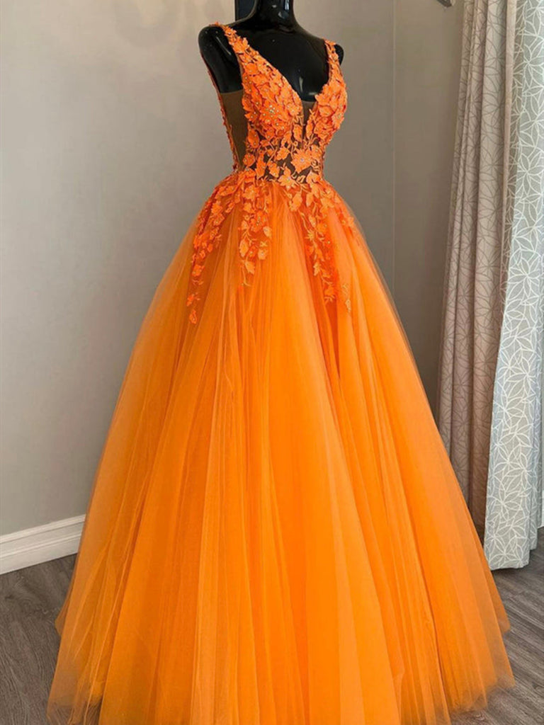 A Line V Neck Orange Lace Prom Dresses, Orange Lace Long Formal Gradua jbydress A Line V Neck Orange Lace Prom Dresses, Orange Lace Long Formal Gradua jbydress