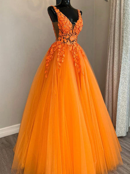 A Line V Neck Orange Lace Prom Dresses, Orange Lace Long Formal Graduation Dresses