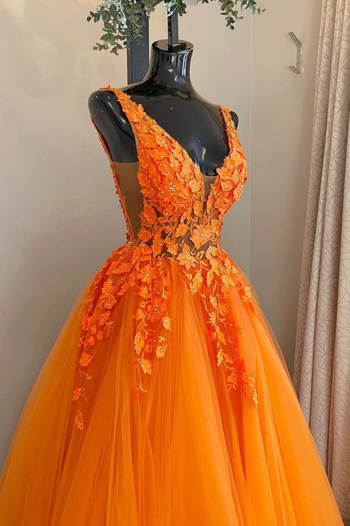 A Line V Neck Orange Lace Prom Dresses, Orange Lace Long Formal Gradua jbydress A Line V Neck Orange Lace Prom Dresses, Orange Lace Long Formal Gradua jbydress