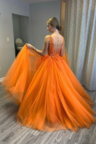A Line V Neck Orange Lace Prom Dresses, Orange Lace Long Formal Graduation Dresses