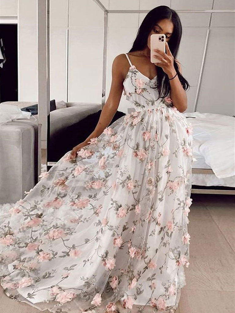 A Line V Neck Pink 3D Flower Long Prom Dresses, 3D Floral Long Formal Evening Dresses