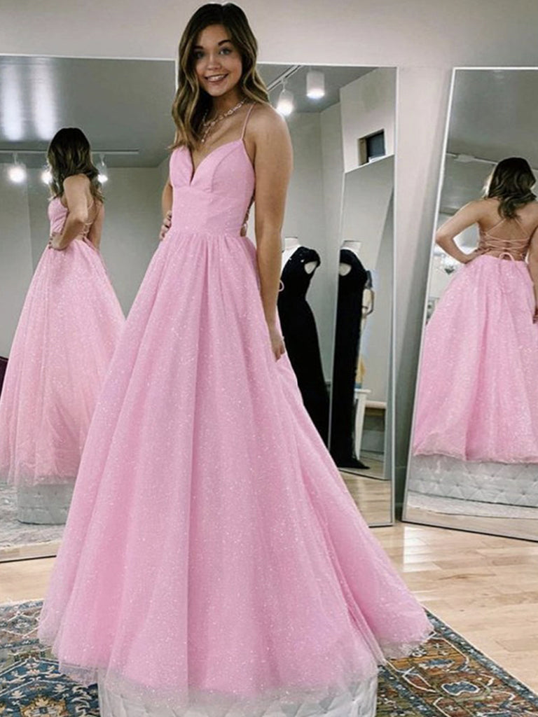 A Line V Neck Pink Backless Prom Dresses, Open Back Pink Long Formal Evening Dresses