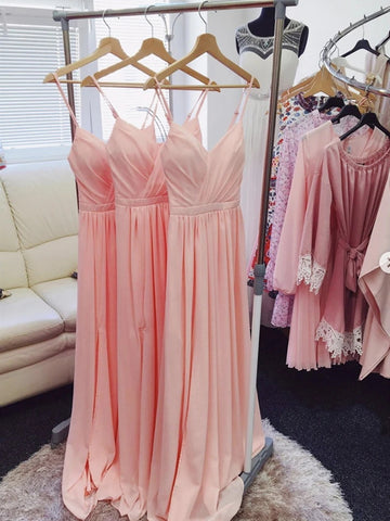 A Line V Neck Pink Chiffon Long Prom Dresses, Pink Long Bridesmaid Formal Dresses