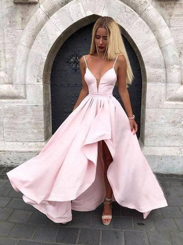 A Line V Neck Pink High Low Satin Prom Dresses, Pink High Low Satin Formal Evening Dresses