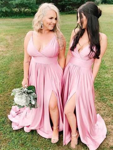A Line V Neck Pink Long Prom Dresses, Pink Long Bridesmaid Dresses