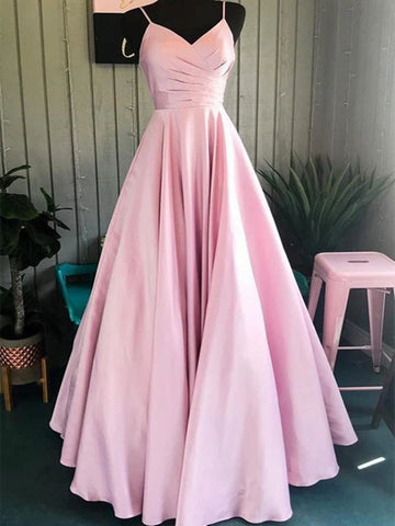 A Line V Neck Pink Spaghetti Straps Satin Long Prom Dresses, Pink Long Formal Evening Graduation Dresses