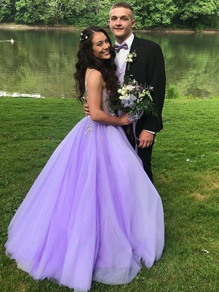 A Line V Neck Purple Beaded Long Prom Dresses, V Neck Purple Long Form jbydress A Line V Neck Purple Beaded Long Prom Dresses, V Neck Purple Long Form jbydress