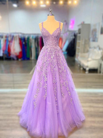 V Neck Lilac Navy Blue Lace Prom Dresses, Purple Lace Formal