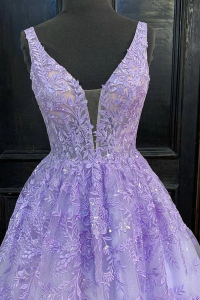A Line V Neck Purple Lace Prom Dresses, Purple Lace Formal Evening Dresses