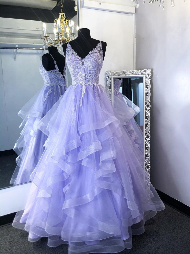 A Line V Neck Purple Lace Prom Dresses, Purple Lace Long Formal Evening Dresses