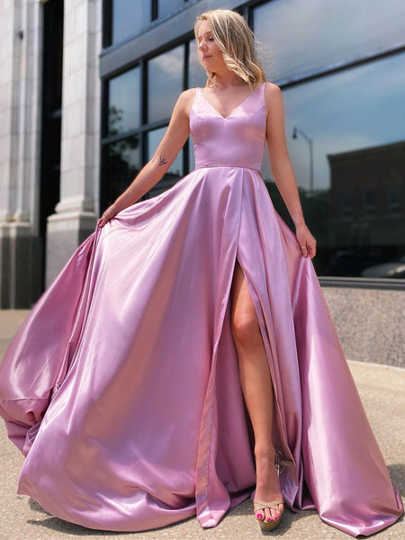 A Line V Neck Purple Long Prom Dresses, Purple Long Formal Evening Dresses