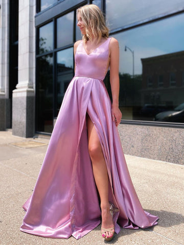 A Line V Neck Purple Long Prom Dresses, Purple Long Formal Evening Dresses