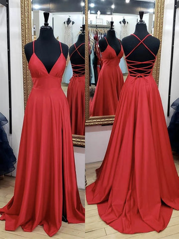 A Line V Neck Red Backless Long Prom Dresses, Open Back Red Long Formal Evening Dresses