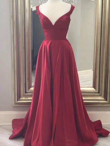 A Line V Neck Red Burgundy Long Prom Dresses, Off the Shoulder Red Burgundy Formal Evening Dresses