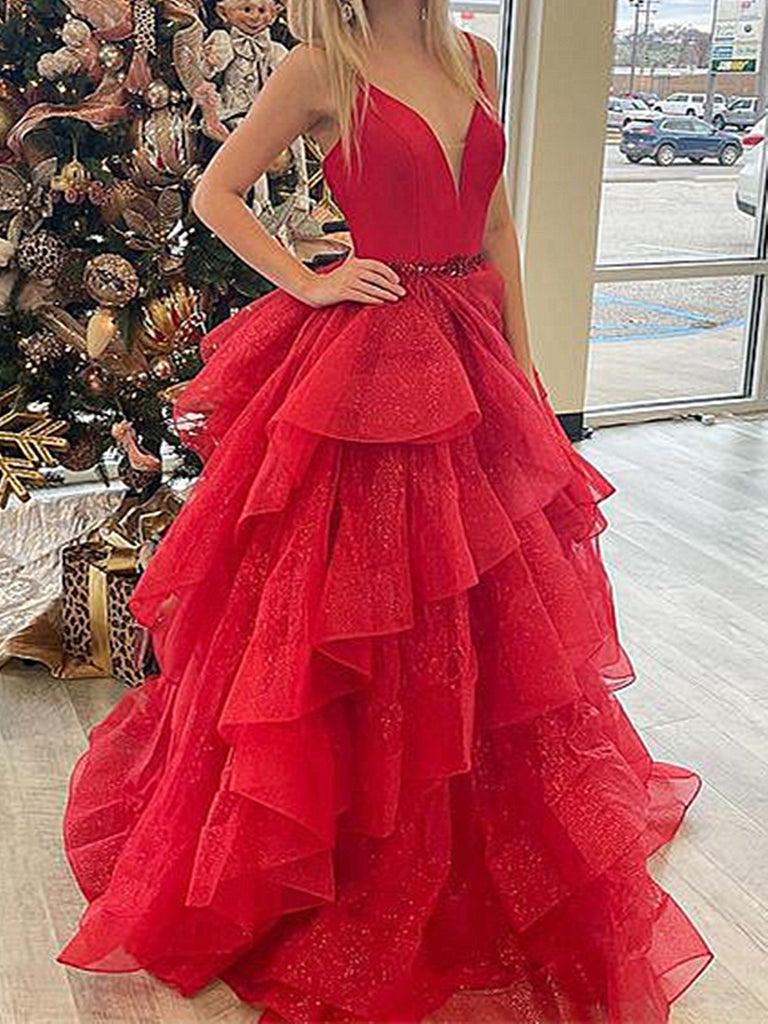A Line V Neck Red High Low Prom Dresses, Red V Neck High Low Tulle