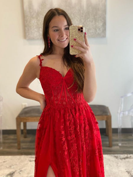A Line V Neck Red Lace Long Prom Dresses, Red Lace Long Formal Graduation Dresses