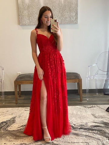 A Line V Neck Red Lace Long Prom Dresses, Red Lace Long Formal Graduation Dresses