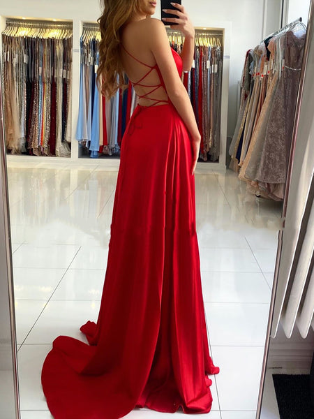 A Line V Neck Red Long Backless Prom Dresses, Red Long Backless Formal Evening Dresses