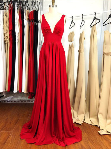 A Line V Neck Red Long Prom Dresses, Red V Neck Long Formal Evening Bridesmaid Dresses