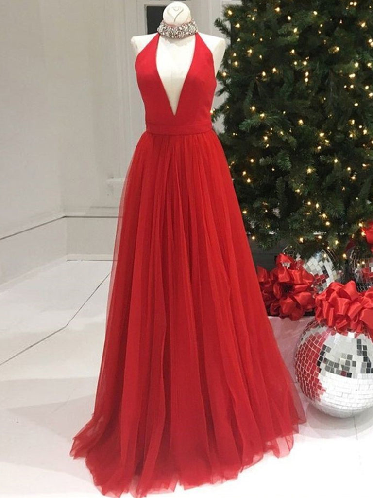 A Line V Neck Red Long Prom Dresses, Red V Neck Long Formal Evening Dresses