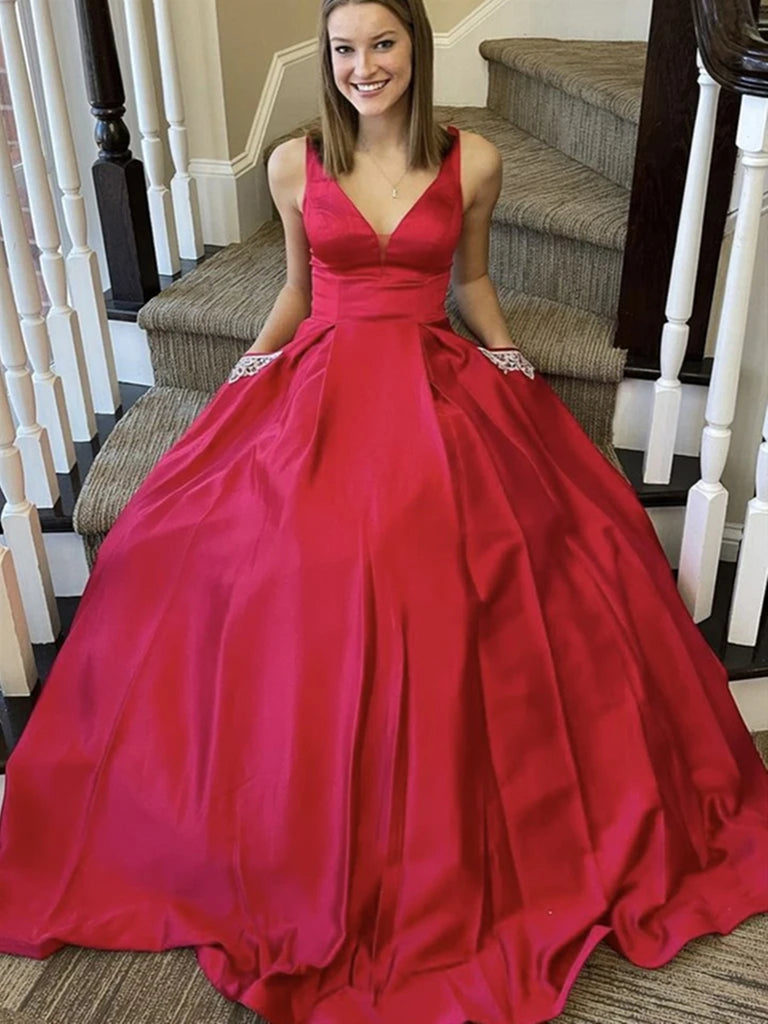 A Line V Neck Red Satin Long Prom Dresses, Red Satin V Neck Long Formal Evening Dresses