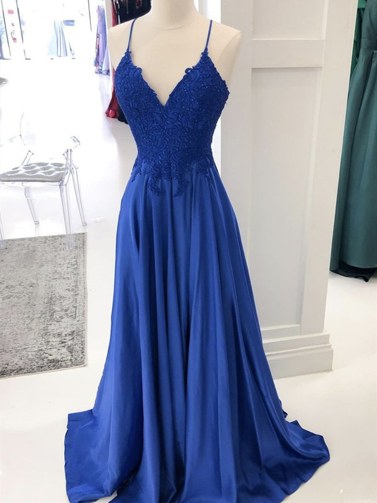 A Line V Neck Royal Blue Lace Prom Dresses, Royal Blue Lace Formal Eve