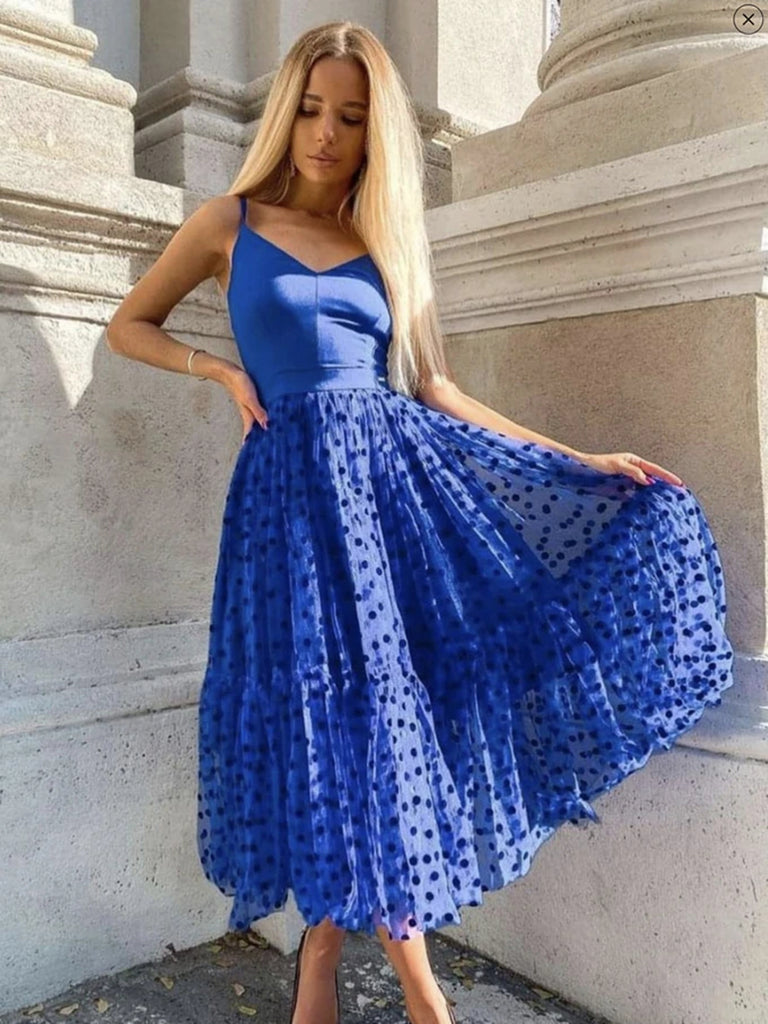 A Line V Neck Royal Blue Tea Length Prom Dresses, Royal Blue Tea Lengt jbydress A Line V Neck Royal Blue Tea Length Prom Dresses, Royal Blue Tea Lengt jbydress