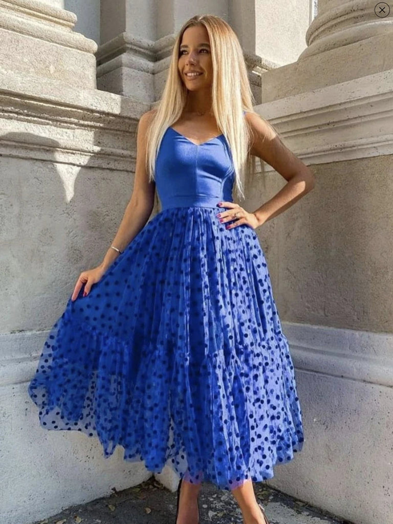 A Line V Neck Royal Blue Tea Length Prom Dresses, Royal Blue Tea Lengt jbydress A Line V Neck Royal Blue Tea Length Prom Dresses, Royal Blue Tea Lengt jbydress