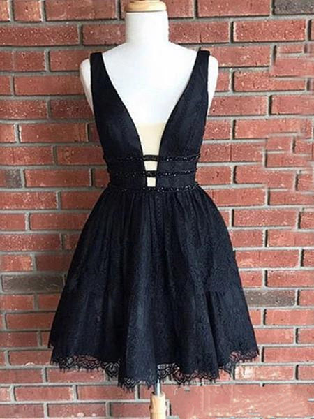 A Line V Neck Short Black Lace Prom Dresses, Short Black Lace Formal Homecoming Dresses