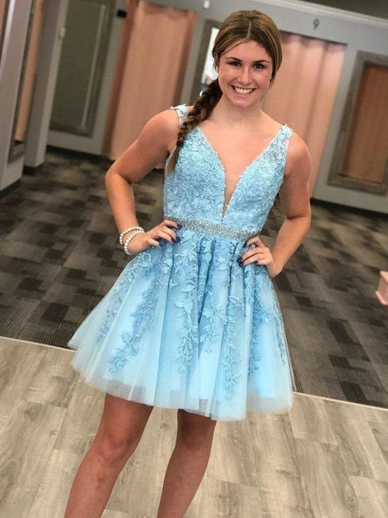 A Line V Neck Short Blue Lace Prom Dresses, Short Blue Lace Formal Hom jbydress A Line V Neck Short Blue Lace Prom Dresses, Short Blue Lace Formal Hom jbydress