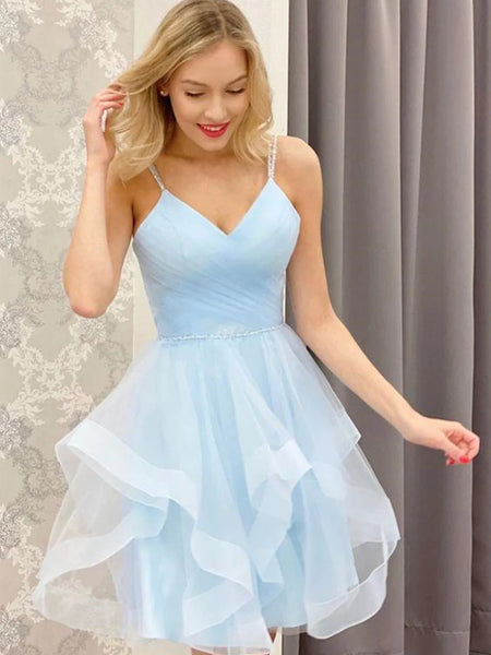 A Line V Neck Short Blue Prom Dresses, Short Blue Formal Homecoming Dresses