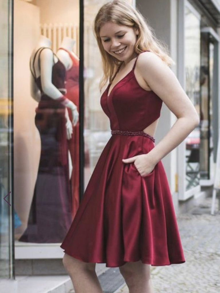 A Line V Neck Short Burgundy Prom Dresses, Short Wine Red Formal