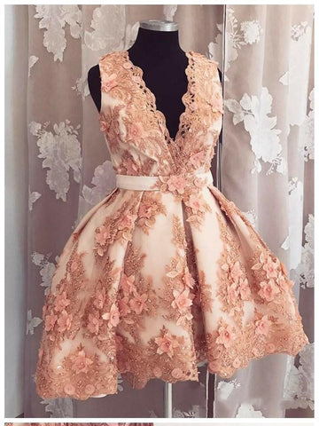 A Line V Neck Short Champagne Floral Lace Prom Dresses, Short Champagne Lace Formal Homecoming Dresses